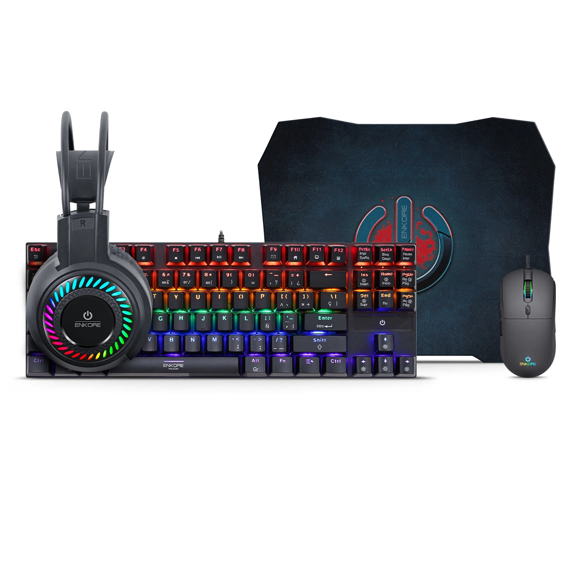 Kit Gamer 4 en 1 Teclado TKL+Mouse RGB++Auricular+Pad Falcon ENT G2000-4