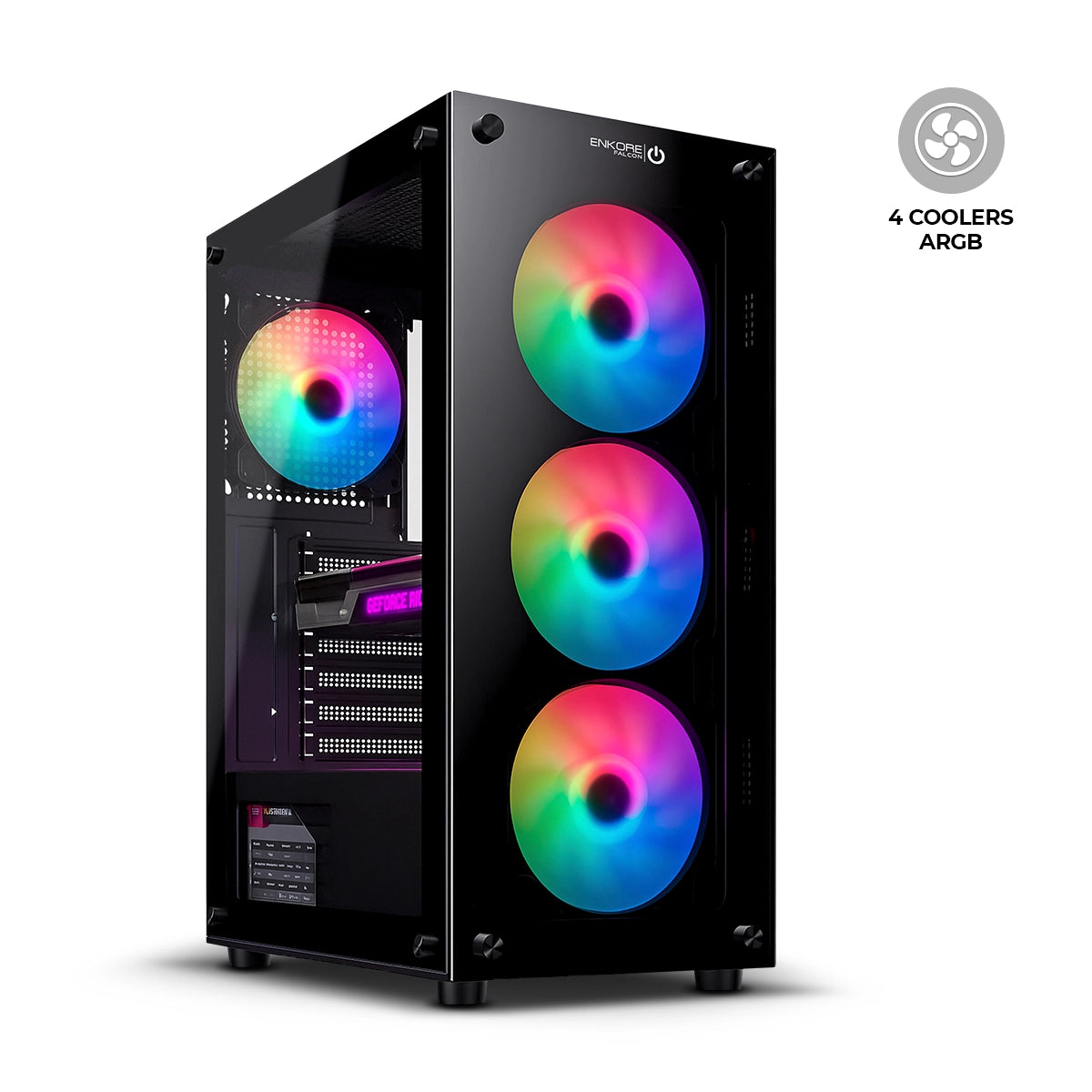 Gabinete Gamer ATX con Fuente de 350W 4 Coolers ARGB Falcon + ENK 5000 RGB 350W