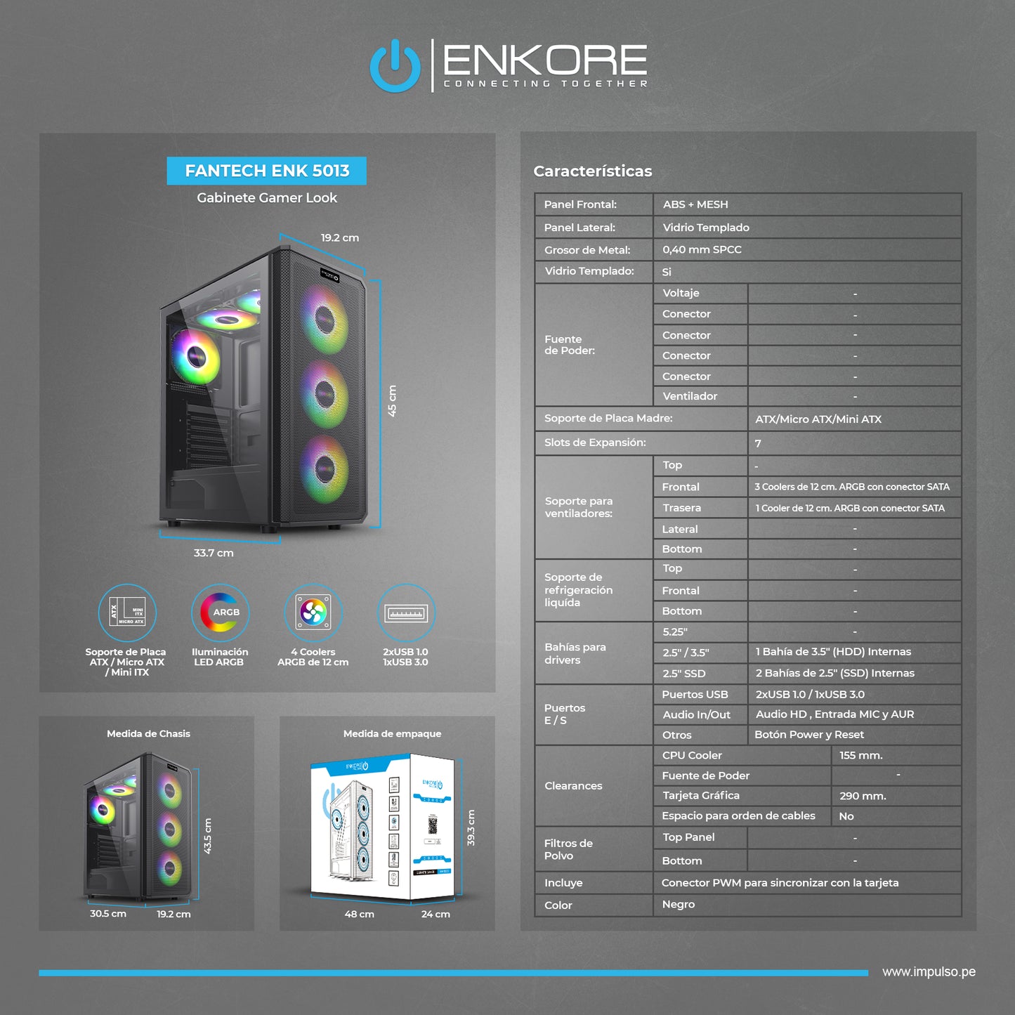 Gabinete Gamer ATX 4 Coolers ARGB Fantech ENK 5013