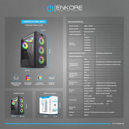 Gabinete Gamer ATX 4 Coolers ARGB Fantech ENK 5013