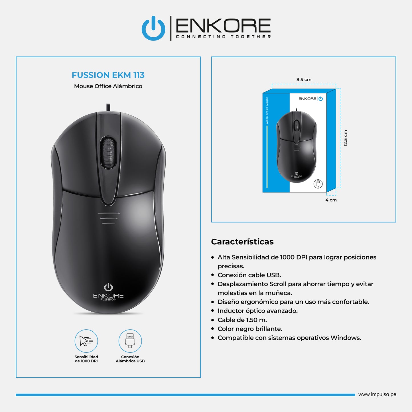 Mouse Oficina Alámbrico 1000DPI Fussion EKM 113
