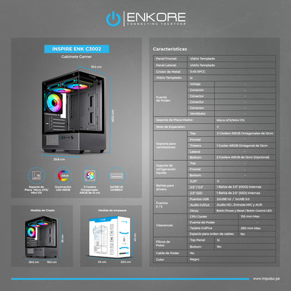 Gabinete Gamer MATX 3 Coolers ARGB Inspire ENK C3002