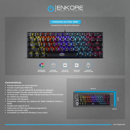 Teclado Gamer Mecánico TKL 64 Teclas Rainbow LED Kingdom ENK 1008
