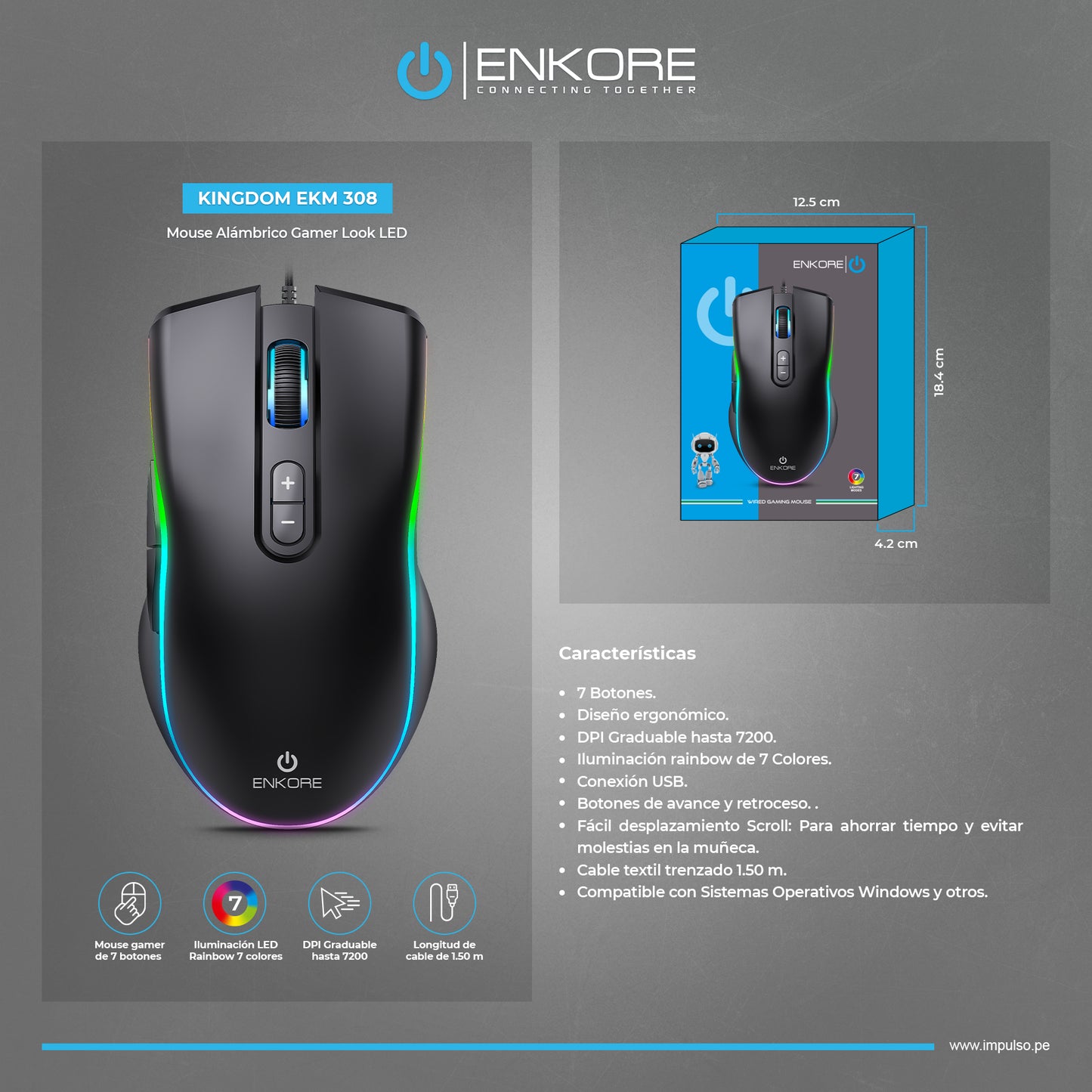 Mouse Gamer LED 7B 7200DPI Kingdom ENK M308