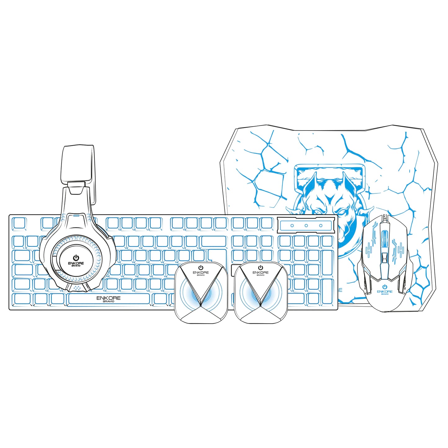 Kit Gamer 5 en 1 Teclado+Parlante+Auricular+Mouse+Pad Bravio ENT G1000-5