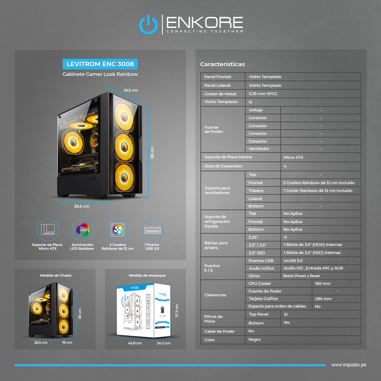 Gabinete Gamer MATX 4 Coolers Rainbow Levitrom ENC 3008