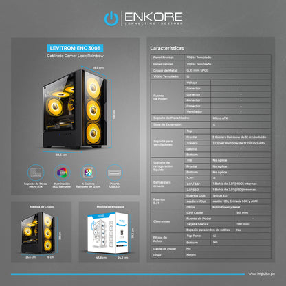 Gabinete Gamer MATX 4 Coolers Rainbow Levitrom ENC 3008