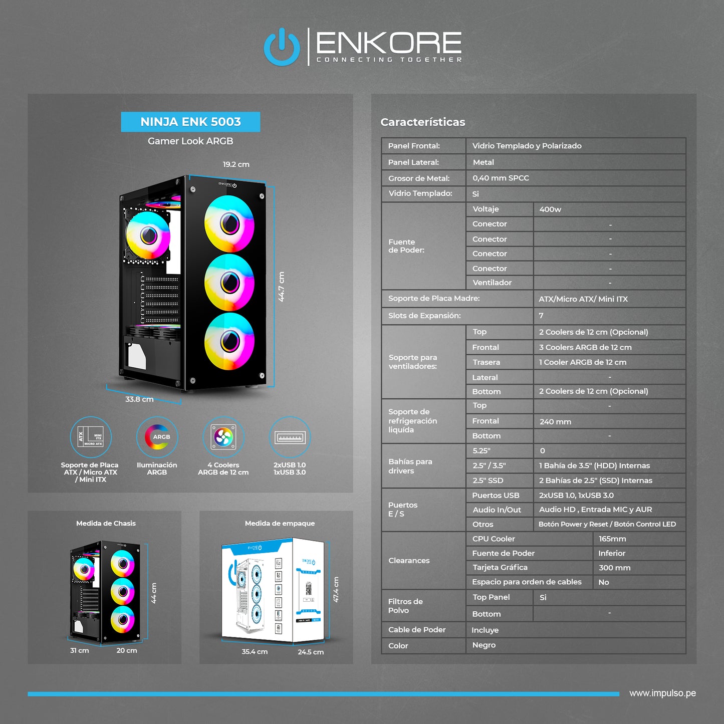 Gabinete Gamer ATX con Fuente 500W 4 Coolers ARGB Ninja ENK 5003