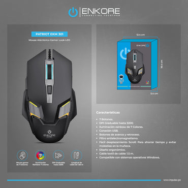 Mouse Gamer LED 7B 3200DPI Patriot EKM 301