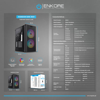 Gabinete Gamer MATX con Fuente de Poder 250W 2 Coolers ARGB Random ENK 3021