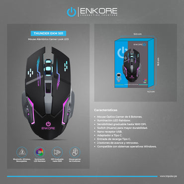 Mouse Gamer 3 Modos: BT/Inalámbrico/Recargable 1600DPI Thunder EKM 501