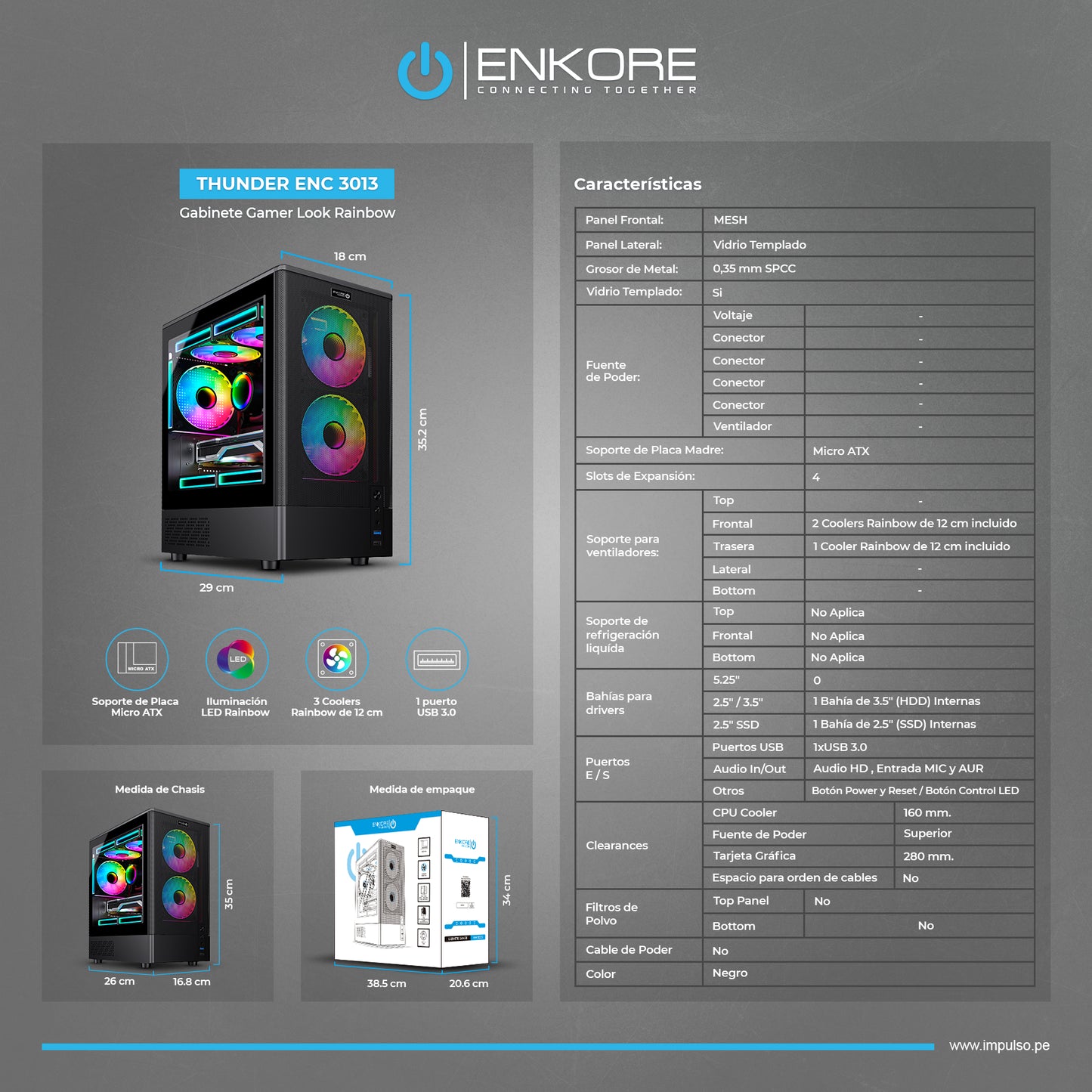 Gabinete Gamer MATX 3 Coolers Rainbow Thunder ENC 3013