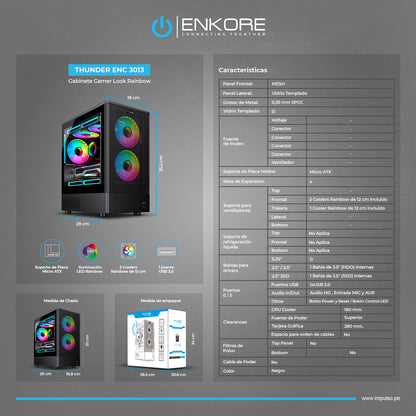 Gabinete Gamer MATX 3 Coolers Rainbow Thunder ENC 3013