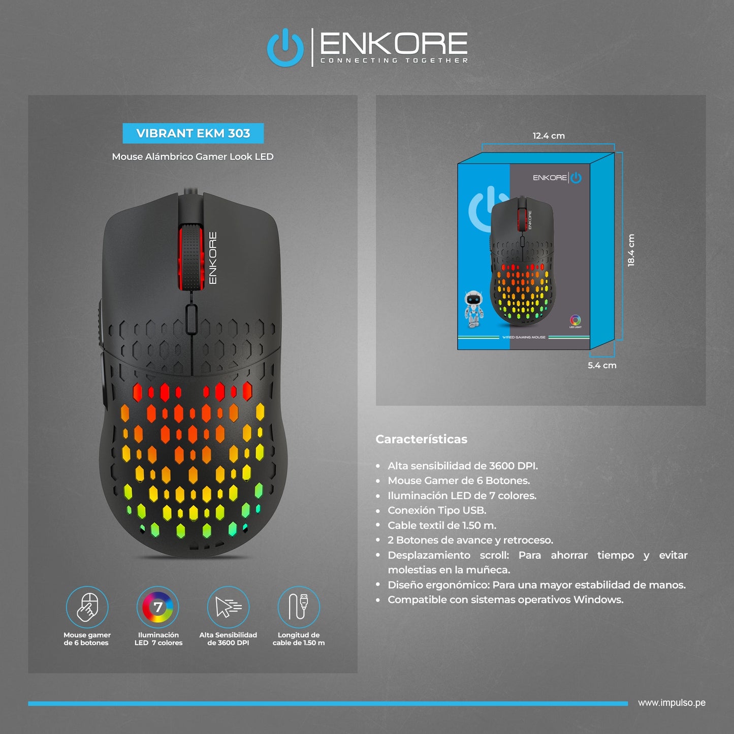 Mouse Gamer LED 6B 3600DPI Vibrant EKM 303