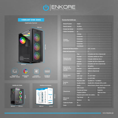 Gabinete Gamer ATX 4 Coolers ARGB Vibrant ENK 5005