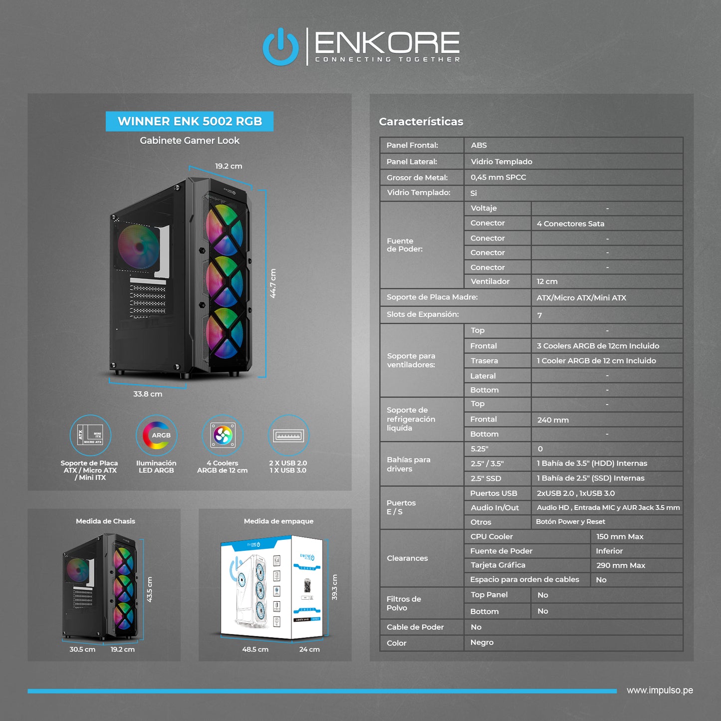 Gabinete Gamer ATX 4 Coolers ARGB Winner ENK 5002 RGB