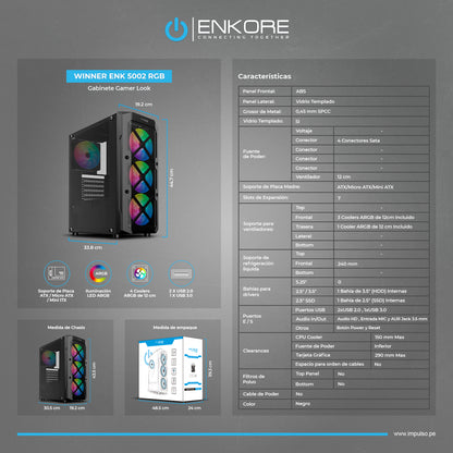 Gabinete Gamer ATX 4 Coolers ARGB Winner ENK 5002 RGB