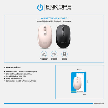 Mouse Oficina 3 Modos: BT/Inalámbrico/Recargable 1600DPI Xcaret 3 ENK M208
