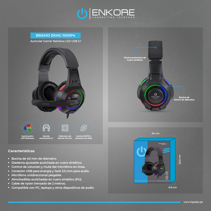 Auricular Gamer 5.1 Rainbow LED Jack y USB Bravio EKHG1005P4